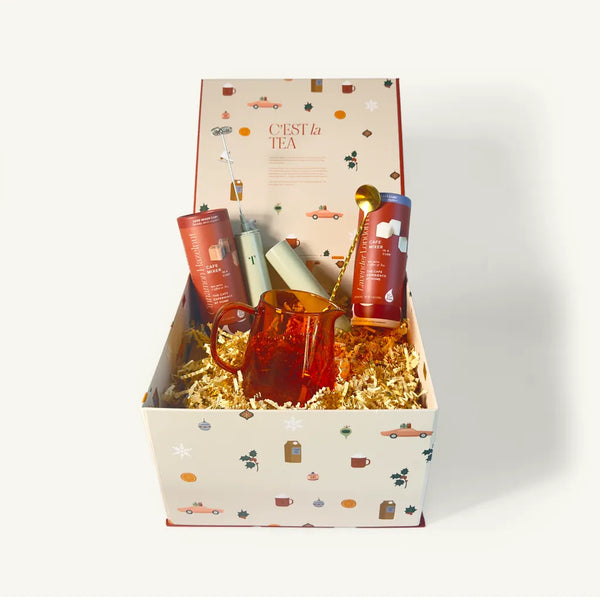 Teaspressa Branded Gift Box with Cinnamon Hazelnut and Lavendar London Fog Tallboy; with Milk Frother, Amber Pitcher, and Gold Bar Spoons.