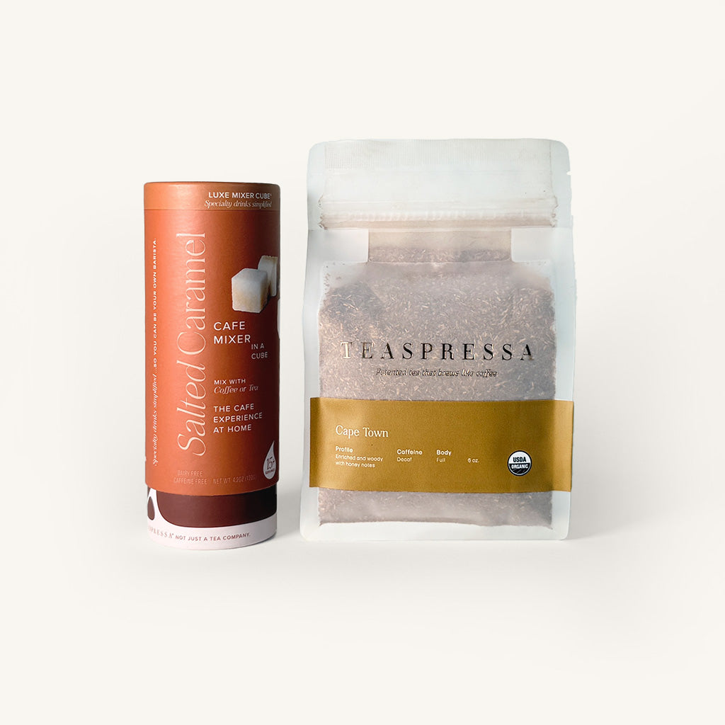 Salted Caramel Luxe Mixer Cube Tallboy & Rooibos Decaf Cape Town Teaspressa Tea Pouch - Enriched and Woody with honey notes