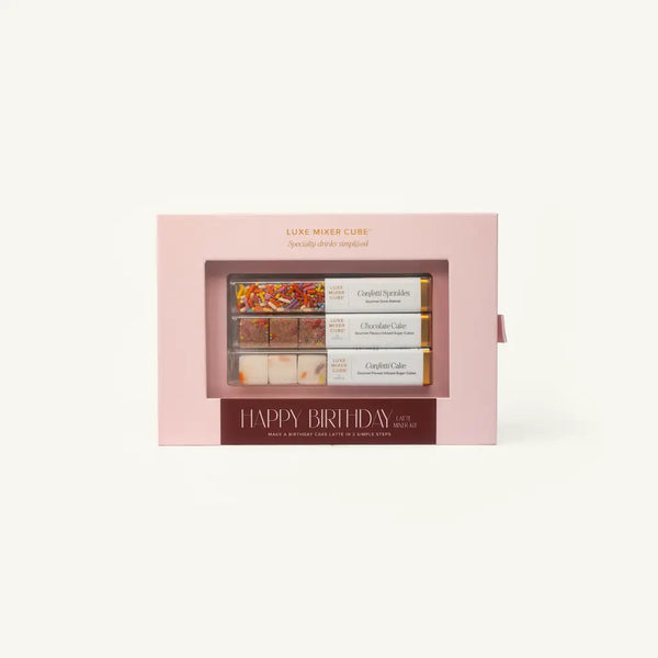 Blush Happy Birthday Cafe Mixer Kit featuring Confetti Sprinkles, Chocolate Cake, and Confetti Cake Luxe Mixer Cubes