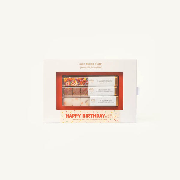 White Happy Birthday Cafe Mixer Kit featuring Confetti Sprinkles, Chocolate Cake, and Confetti Cake Luxe Mixer Cubes