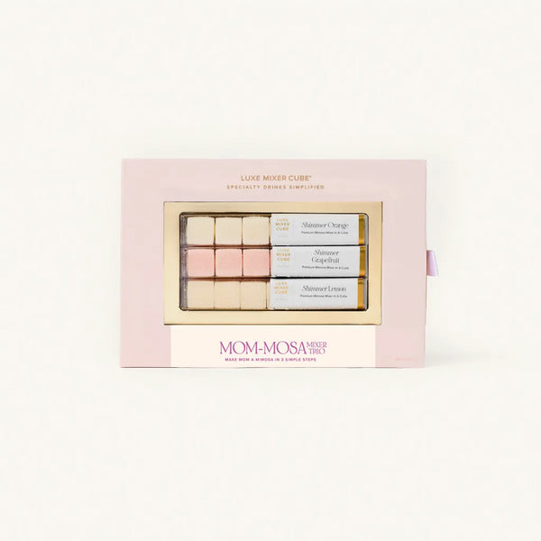 Mom-Mosa makeup set with pastel shades in a pink box on a white background