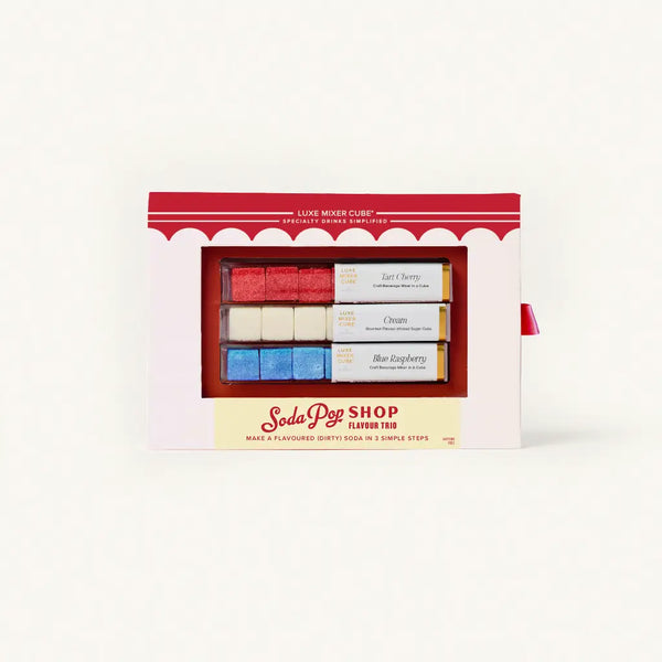 Three rows of Soda Pop Shop Luxe Mixer Cubes in Tart Cherry, Blue Raspberry, and Cream on a clean background.