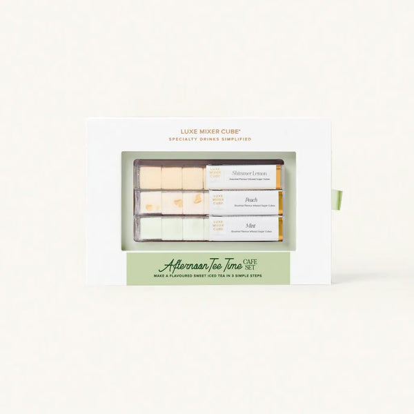 Afternoon Tee Time Café Set in a premium tray packaging featuring gourmet Lemon, Peach, and Mint tea flavour mixer cubes.