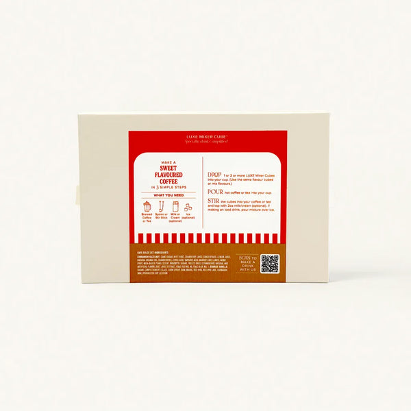 Product packaging with a red and white label on a beige background