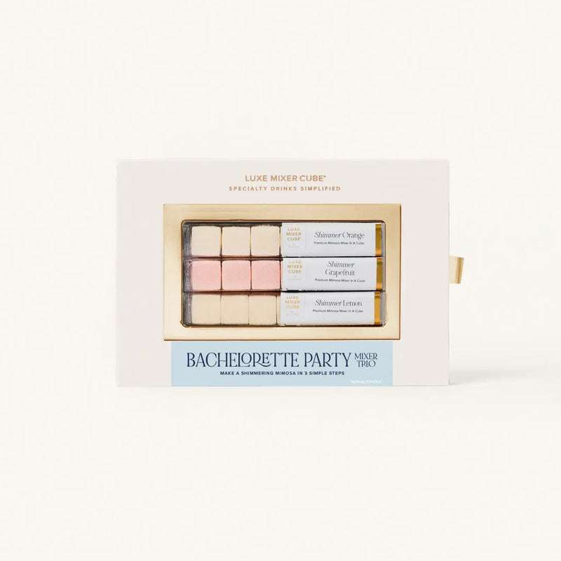 Bachelorette party mixer cube set in a decorative box on a white background