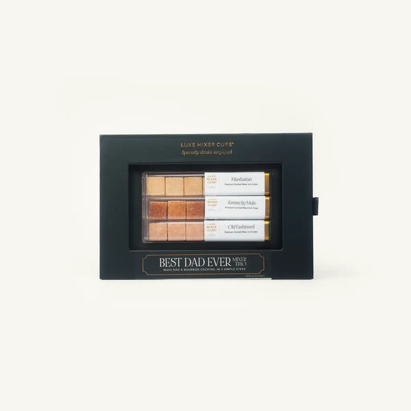 A black gift box labeled BEST DAD EVER displays a set of drink mixers and garnishes in various shades, with labeled sections for Manhattan, Kentucky Mule, and Old Fashioned recipes.