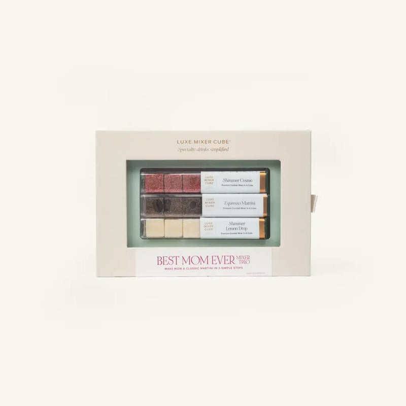 A gift box labeled Best Mom Ever contains gourmet luxe mixer cubes in assorted flavors, visible through a clear window in the packaging.
