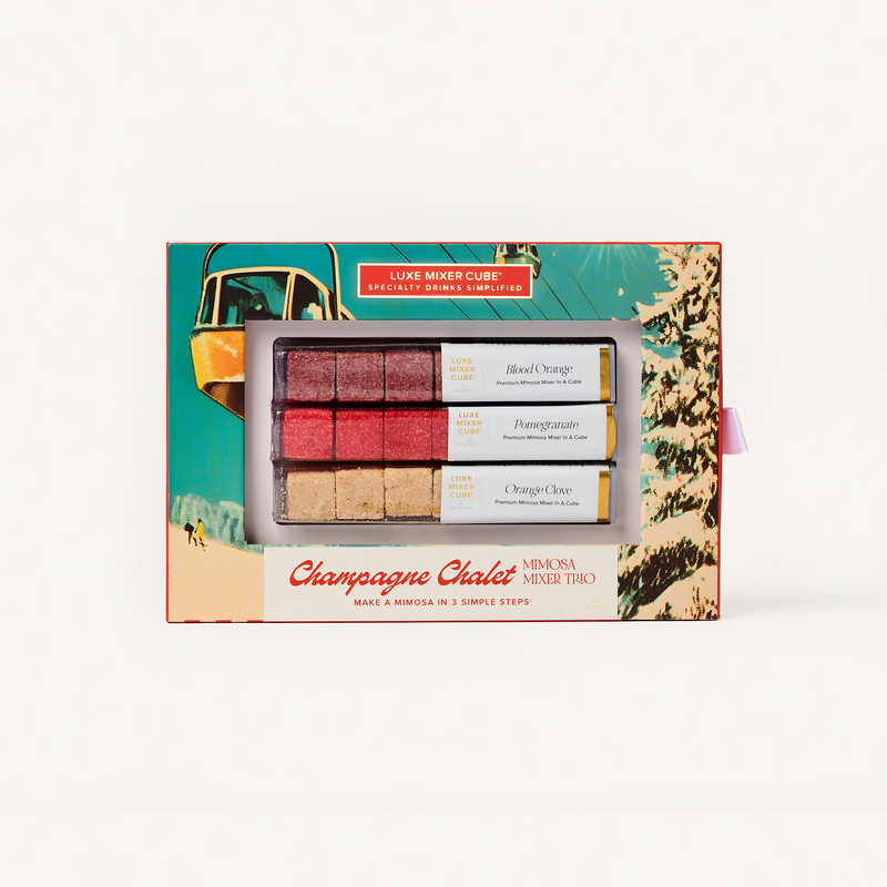 Champagne Chalet mixer cube set in a decorative box with scenic design
