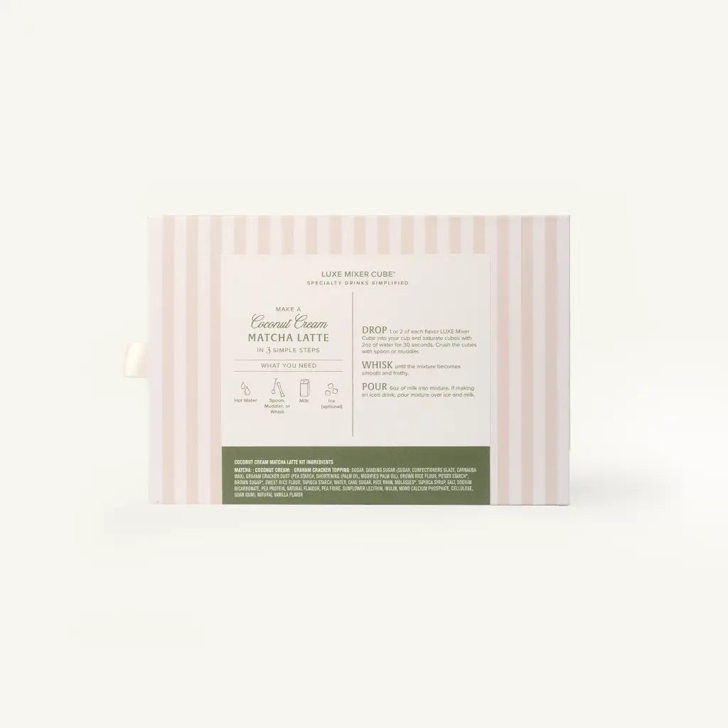 Striped boxed product labeled Coconut Cream Matcha Latte ' with instructions, a white center label, and a muted green band at the bottom, photographed on a clean white background.