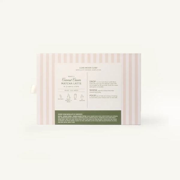 Striped boxed product labeled Coconut Cream Matcha Latte ' with instructions, a white center label, and a muted green band at the bottom, photographed on a clean white background.