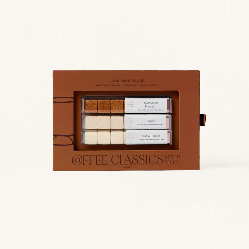 Coffee Classics mixer cube set in a brown box on a white background