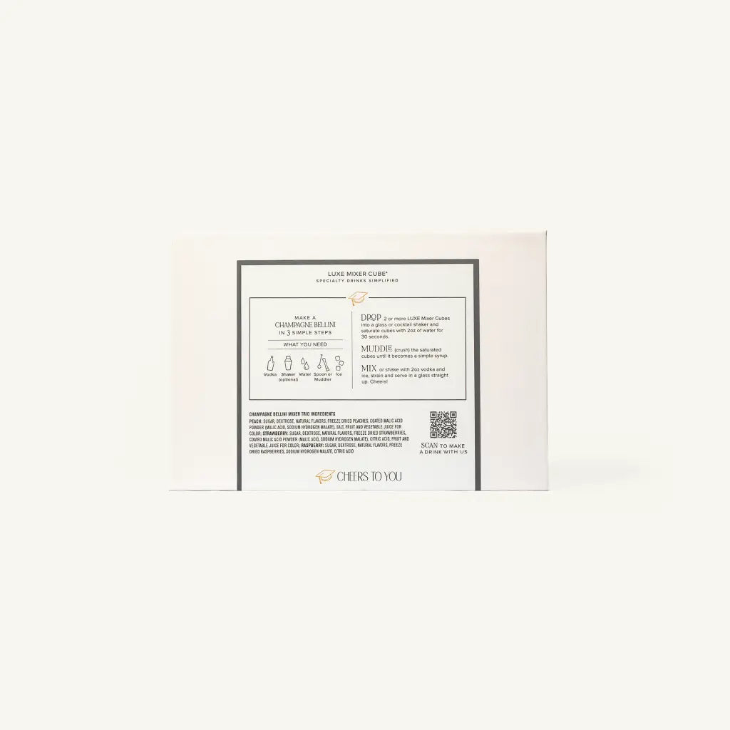 A white product box with printed instructions and a QR code on the back, displaying steps for making a drink. The box sits on a plain light background.