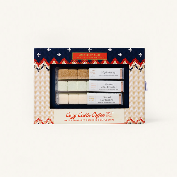 Cozy Cabin Coffee mixer cube set in decorative packaging on a white background