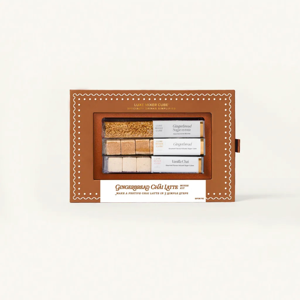 Gingerbread Chai Latte mixer cube set in decorative packaging on a white background