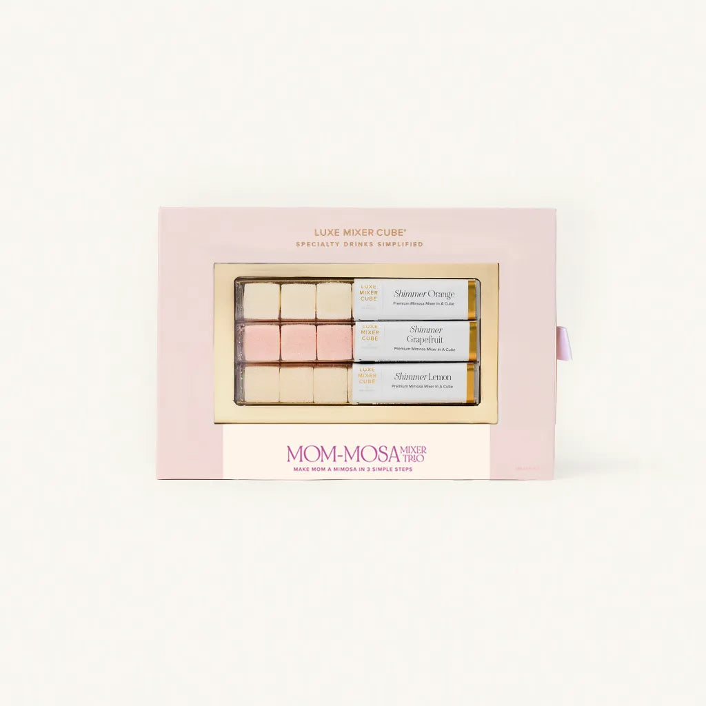 Mom-Mosa makeup set with pastel shades in a pink box on a white background