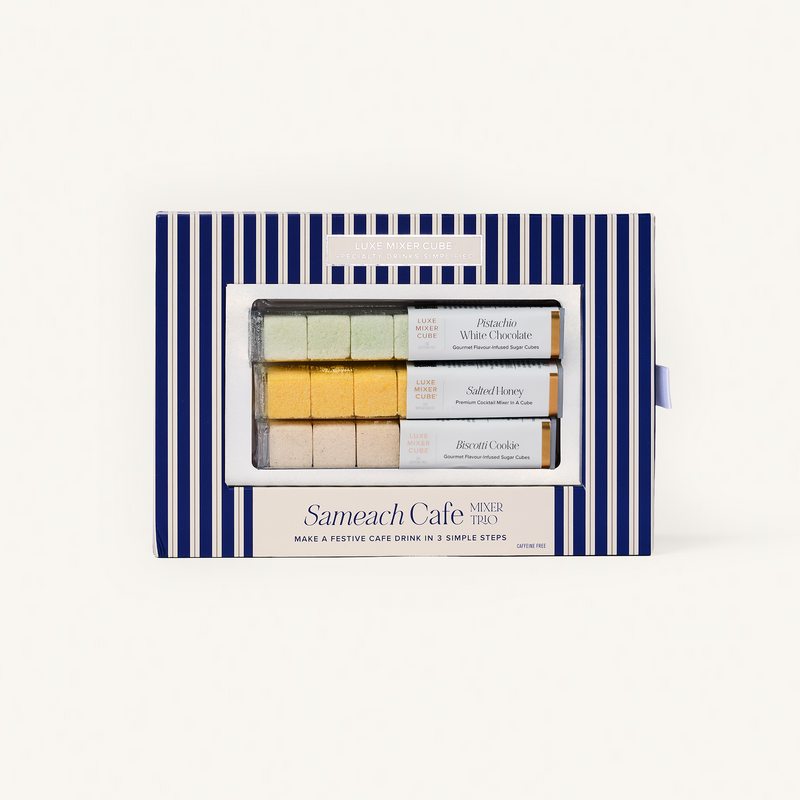 Box of Sameach Cafe mixer trio with striped design on a white background