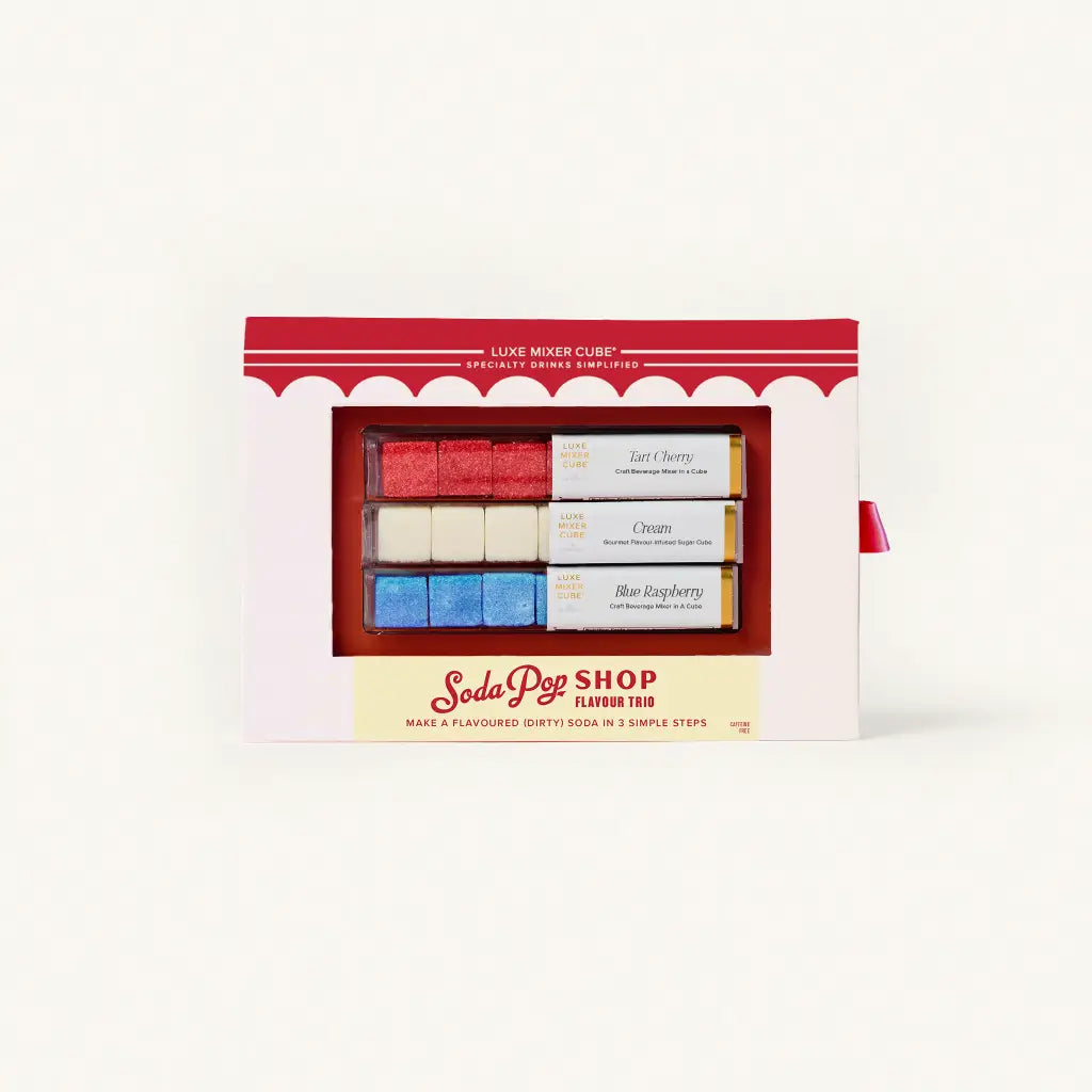 Three rows of Soda Pop Shop Luxe Mixer Cubes in Tart Cherry, Blue Raspberry, and Cream on a clean background.