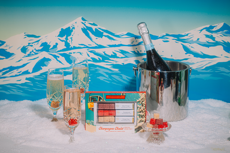 Bottle of champagne in an ice bucket with two glasses and a small tray or LUXE Mixer Cubes on a snowy mountain background