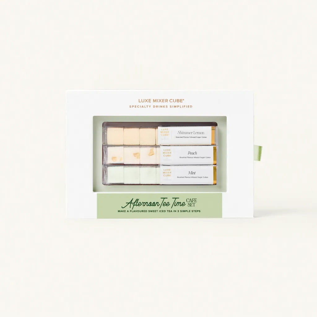 Afternoon Tee Time Café Set in a premium tray packaging featuring gourmet Lemon, Peach, and Mint tea flavour mixer cubes.