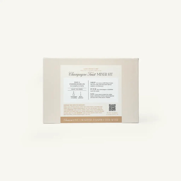 Rectangular beige box with a white label reading Champagne Toast Mixer Kit. Instructions and a QR code are visible under the label, with a gold band at the bottom that says Cheers to love, laughter, & happily ever after.