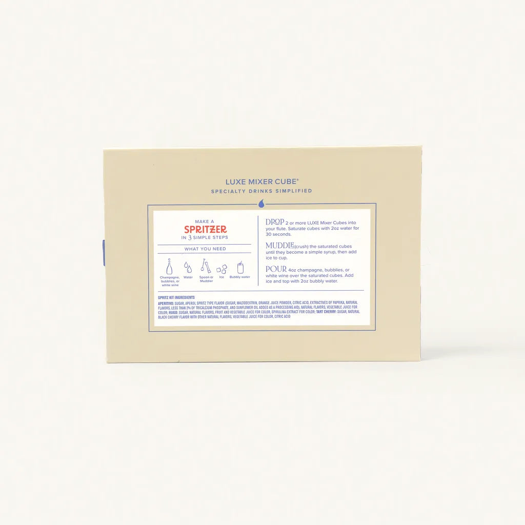 Back view of the Aperitif Spritzer Set product packaging with nutritional facts, directions, and product descriptions.