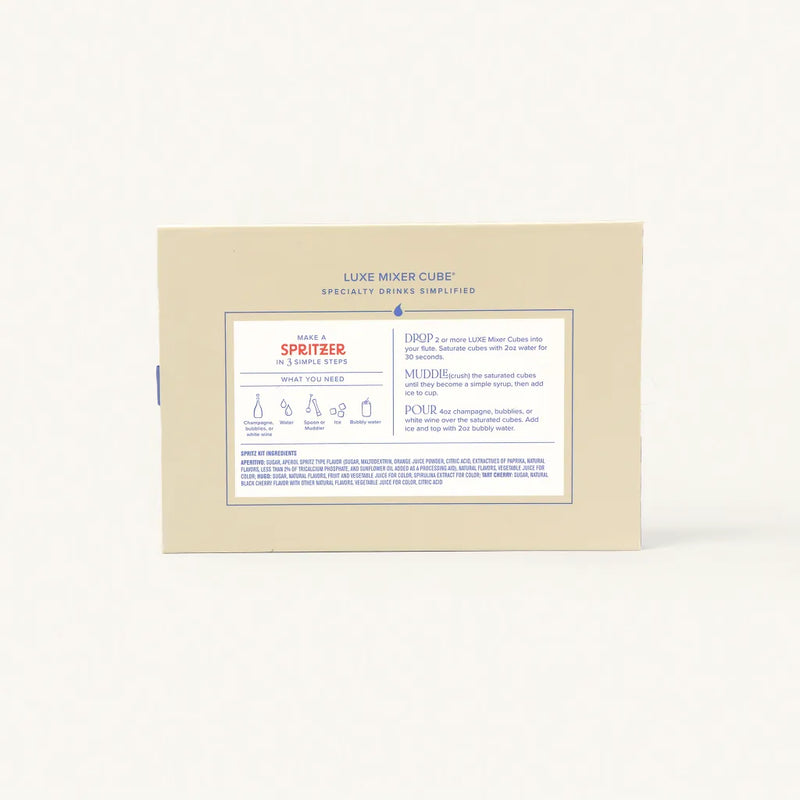 Back view of the Aperitif Spritzer Set product packaging with nutritional facts, directions, and product descriptions.