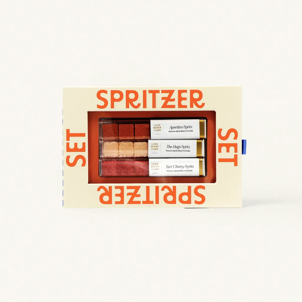 Aperitif Spritzer Set premium packaging containing Aperitivo, Bright Tart Cherry, and Hugo gourmet cocktail mixer cubes.