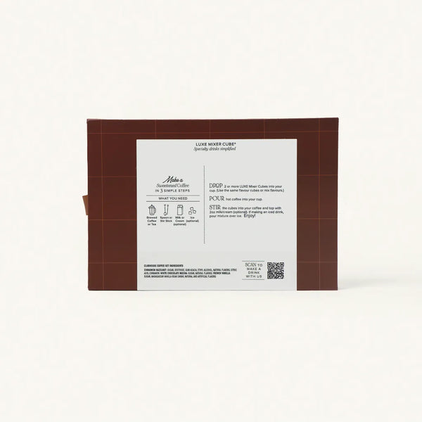 Back view of the Clubhouse Coffee Café Set packaging displaying product details, directions, ingredients, and a QR code.