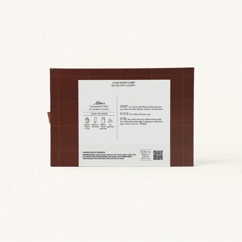 Back view of the Clubhouse Coffee Café Set packaging displaying product details, directions, ingredients, and a QR code.